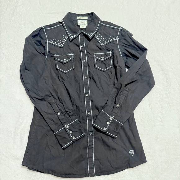 Ariat Women's Size Small Black Studded Button Down Shirt Snap Buttons - Picture 1 of 5